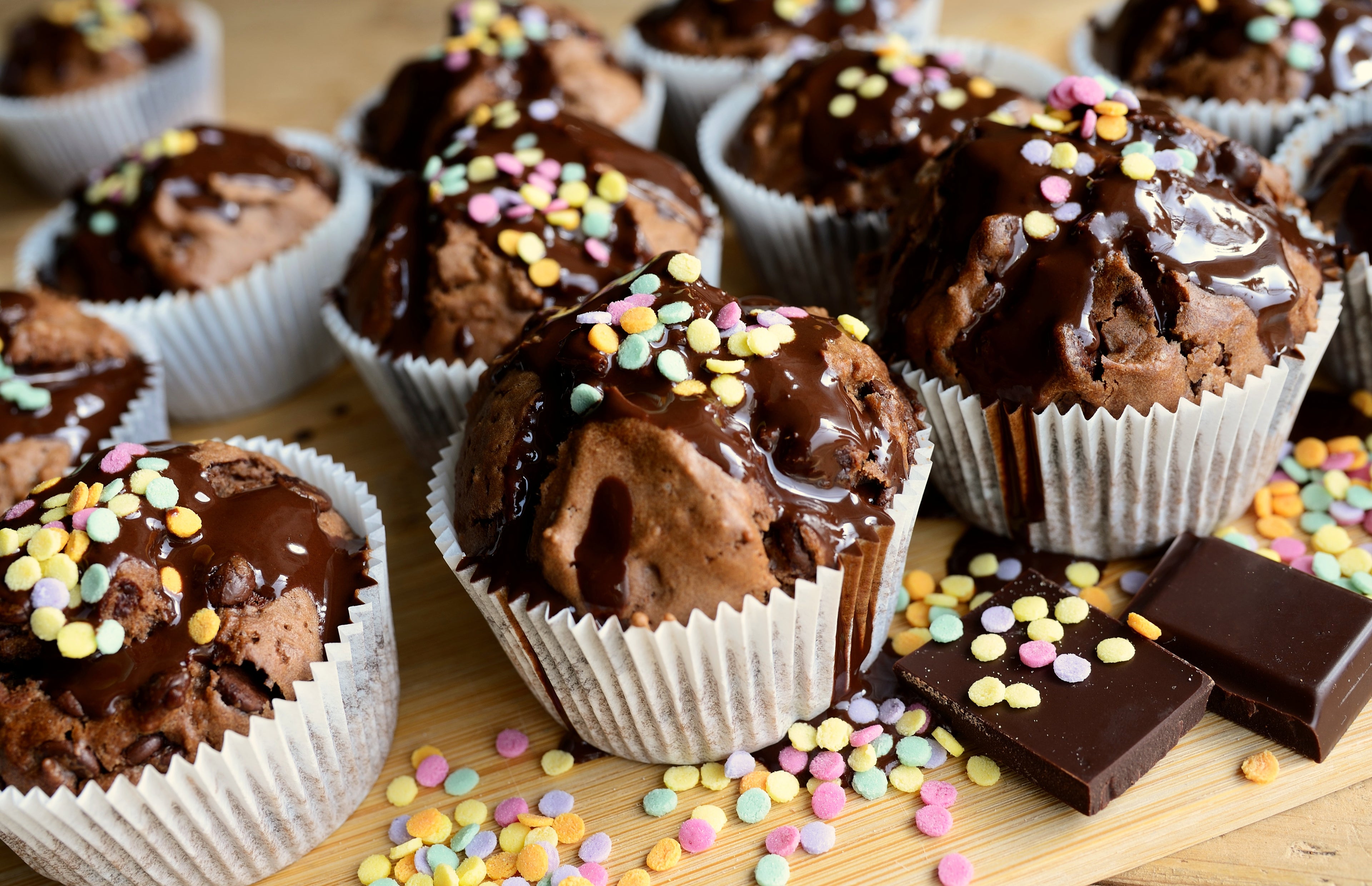 Double Chocolate Muffins with Rich Chocolate Glaze & Rainbow Sprinkles | Soft, Moist & Delicious